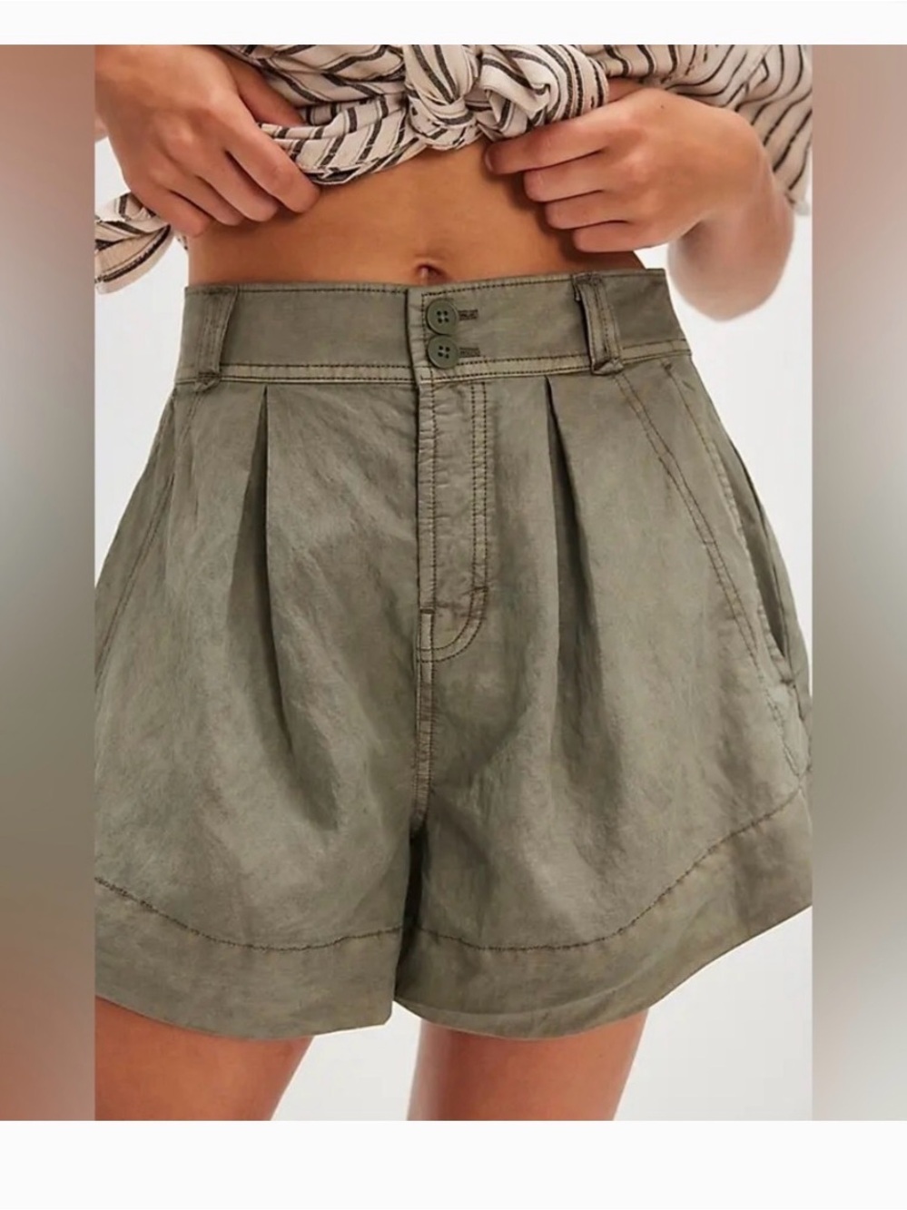 Free People High-Waist Pleated Shorts in Olive